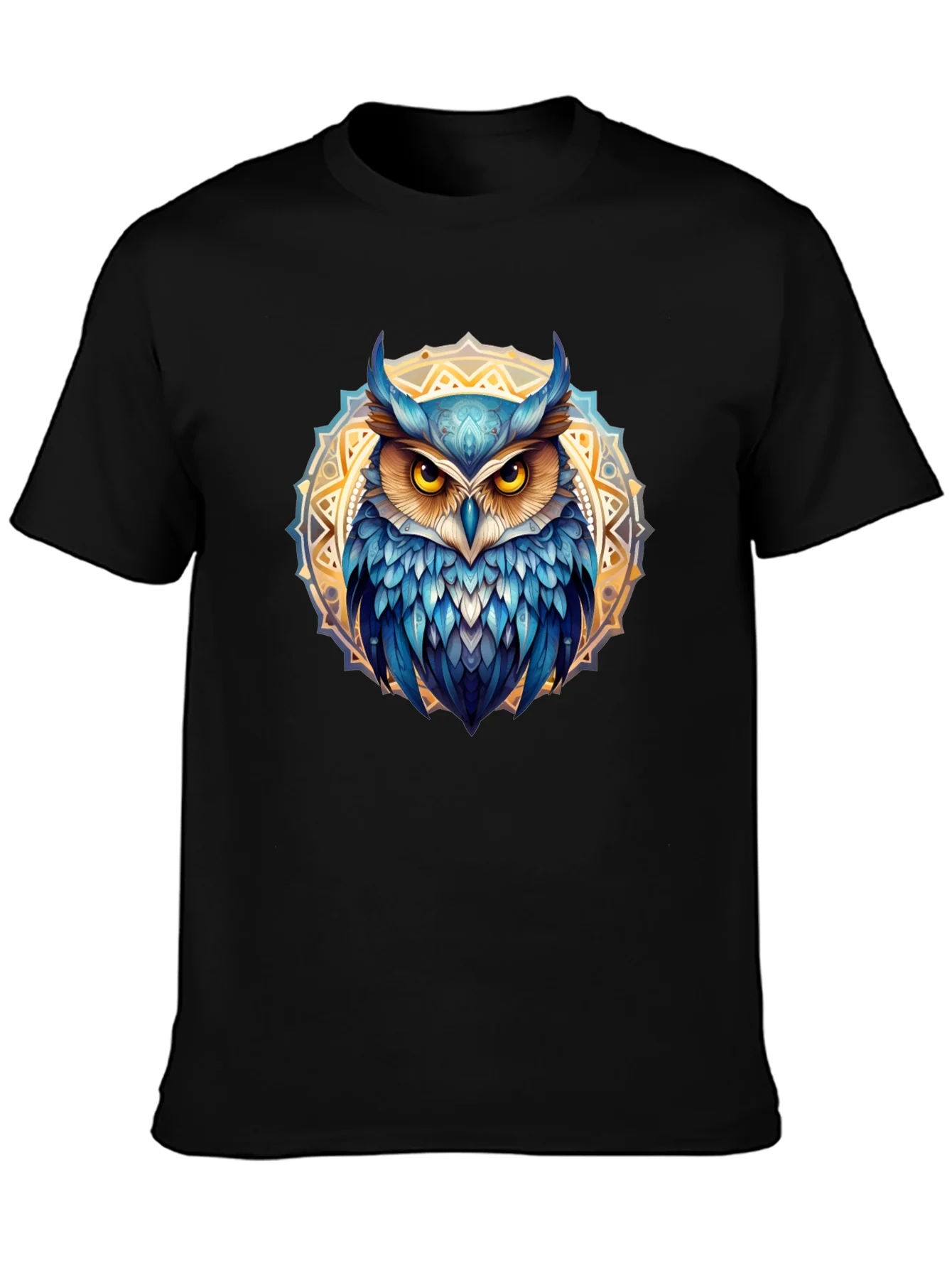 Owl Mandala T-Shirt - Blue & Gold Design