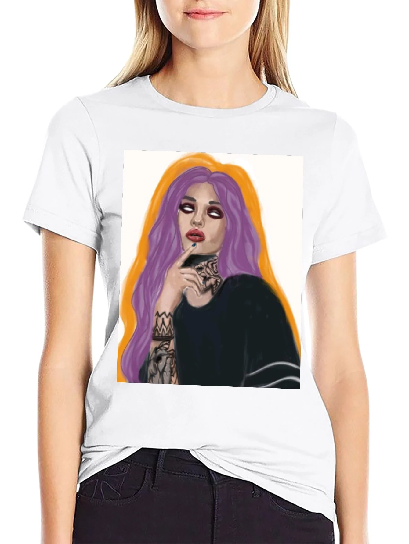 Edgy Tattoo Girl Graphic Tee - Black Cotton T-Shirt