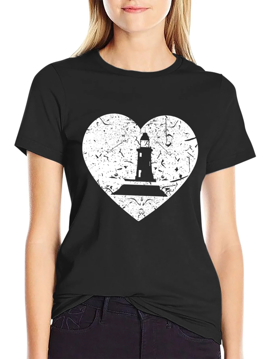 Lighthouse Heart Graphic Tee - Black Cotton T-Shirt