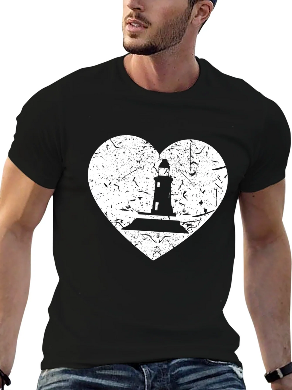 Lighthouse Heart Graphic Tee - Black Cotton T-Shirt