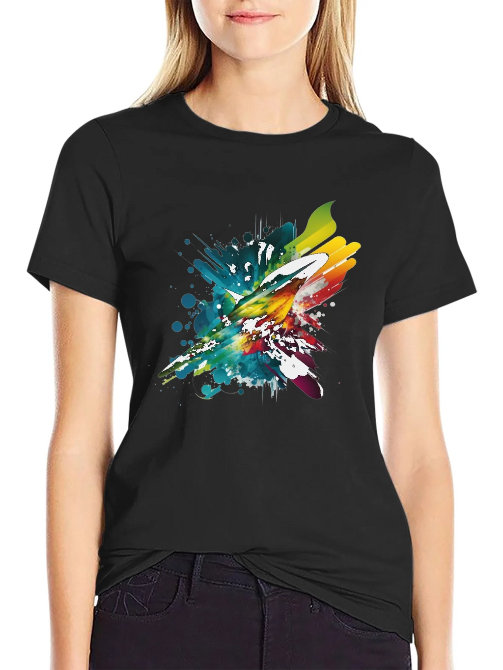 Mens Black T-Shirt with Vibrant Splash Graphic