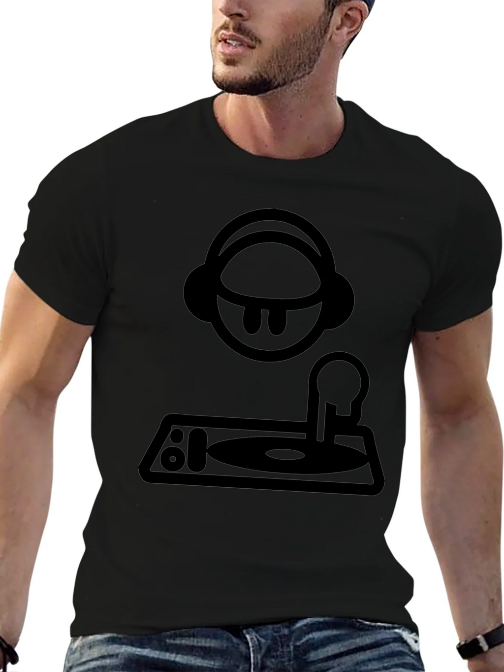 DJ Cartoon Graphic Tee - Black Crew Neck T-Shirt