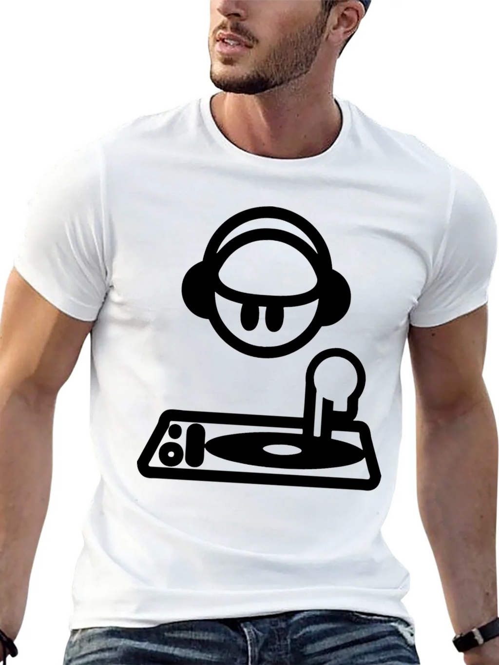 DJ Cartoon Graphic Tee - Black Crew Neck T-Shirt