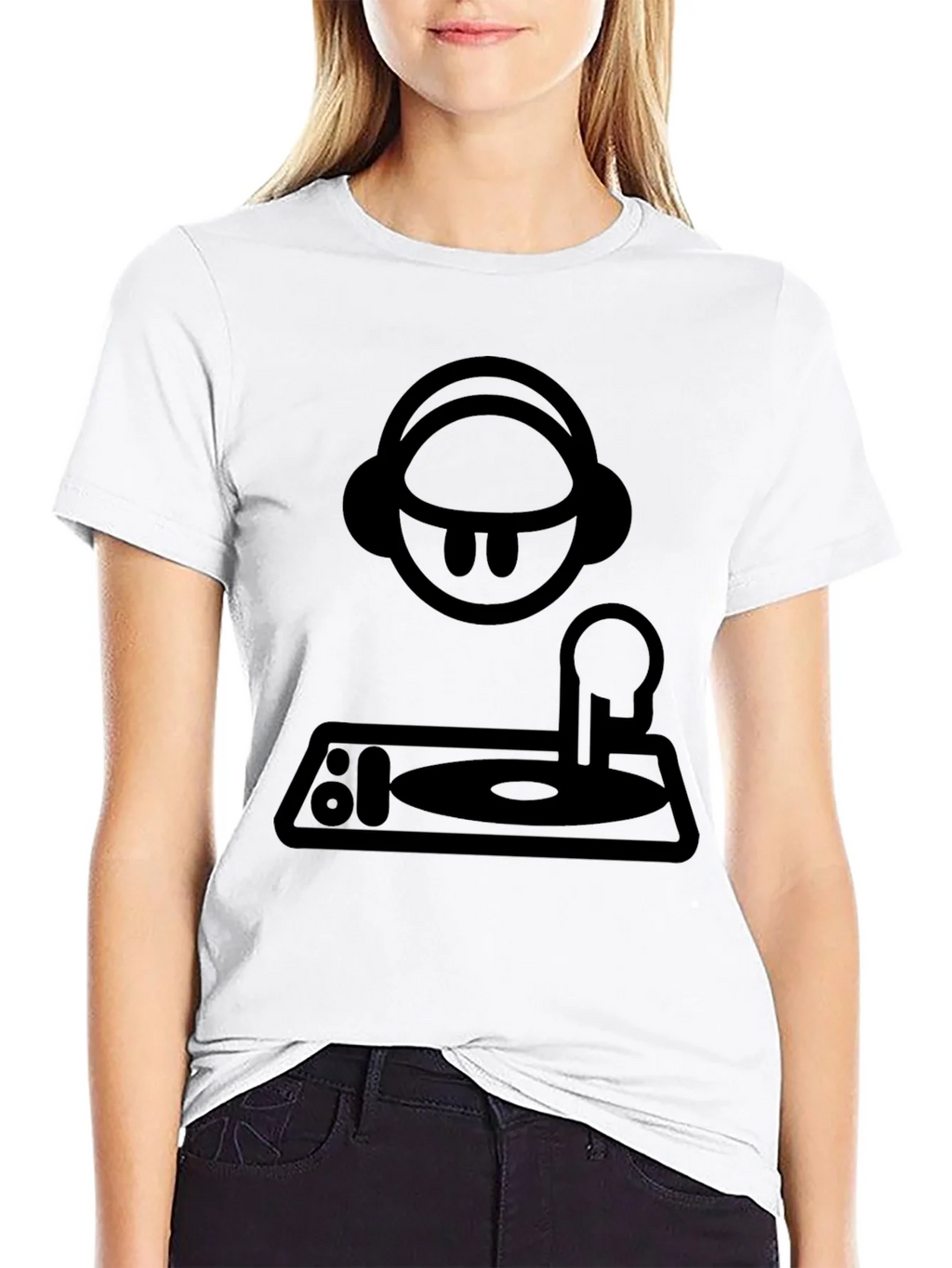 DJ Cartoon Graphic Tee - Black Crew Neck T-Shirt