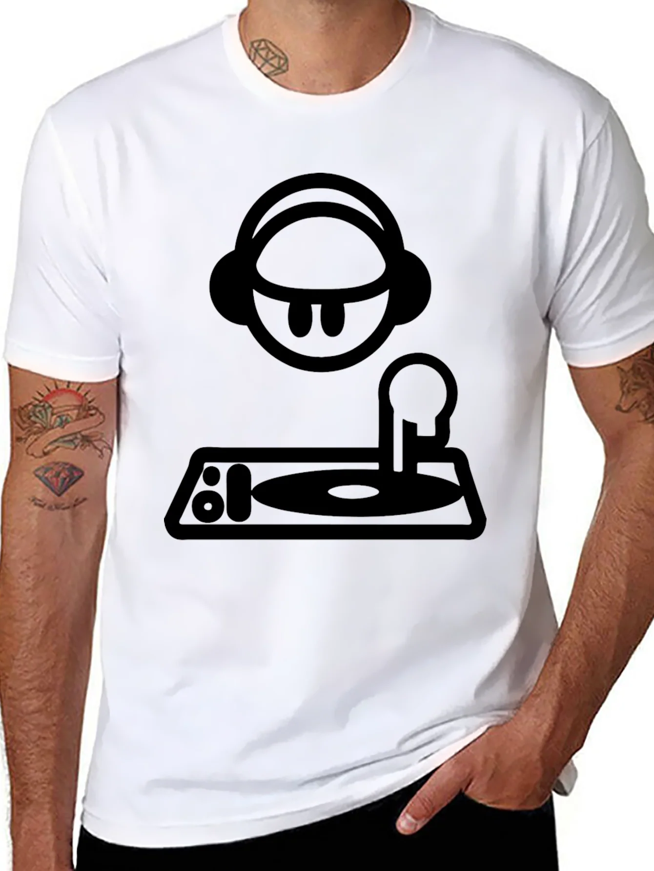 DJ Cartoon Graphic Tee - Black Crew Neck T-Shirt